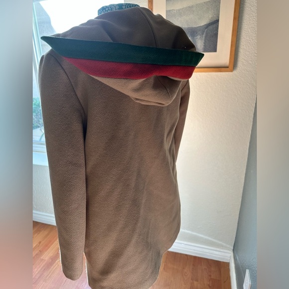 Tan Toggle Coat with Green and Red Accents Peacoat - Picture 3 of 8
